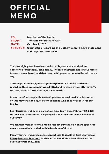 Botham Jean Family Official Statement Regarding Representation